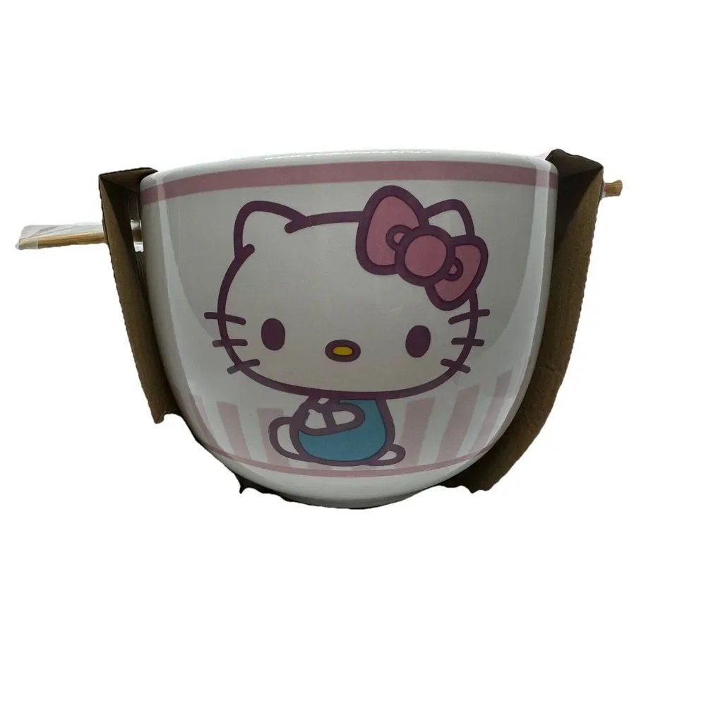 Hello Kitty Ceramic Ramen Noodle Bowl With Chopsticks Sanrio NEW Pink